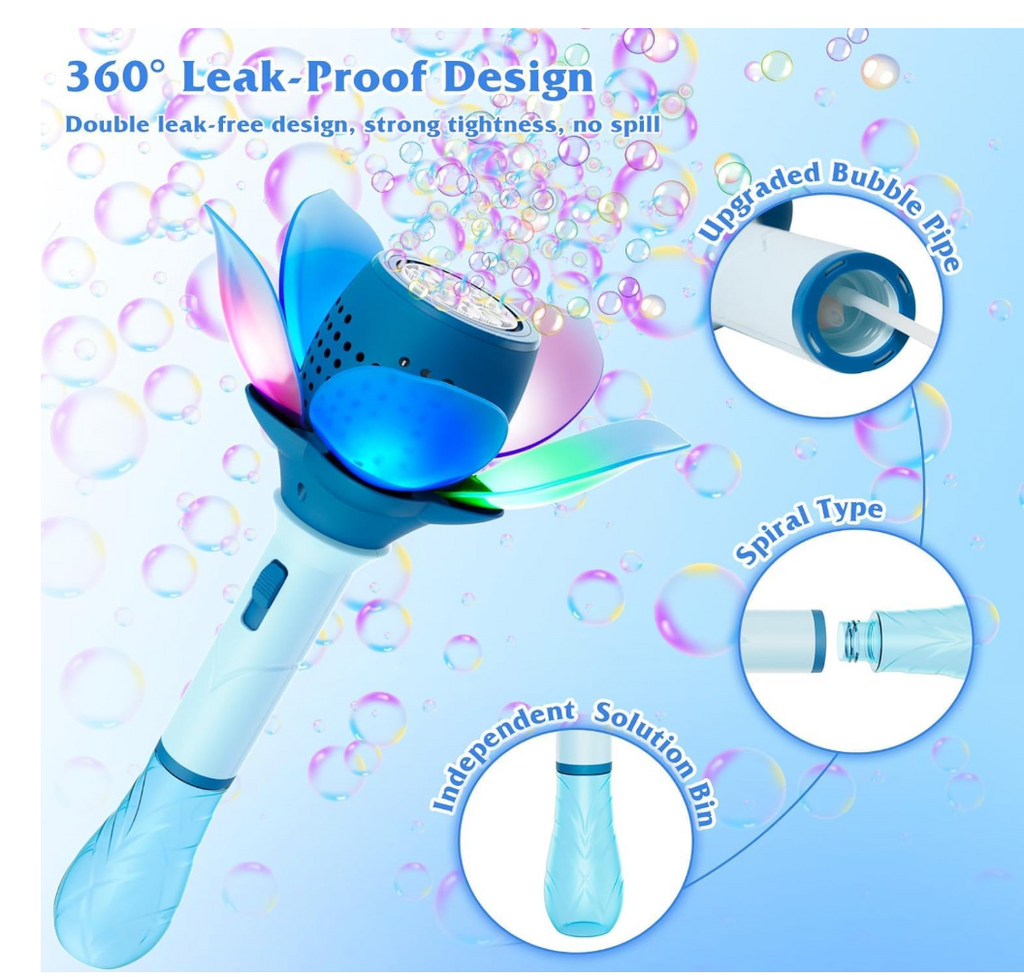 Blue flower bubble wand and screw-on solution reservoir