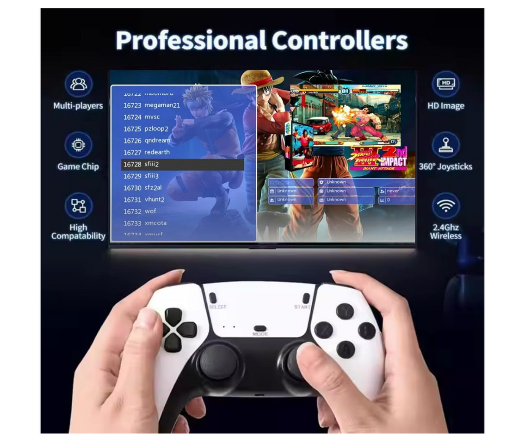 Wireless controller and retro gaming promotional showcase