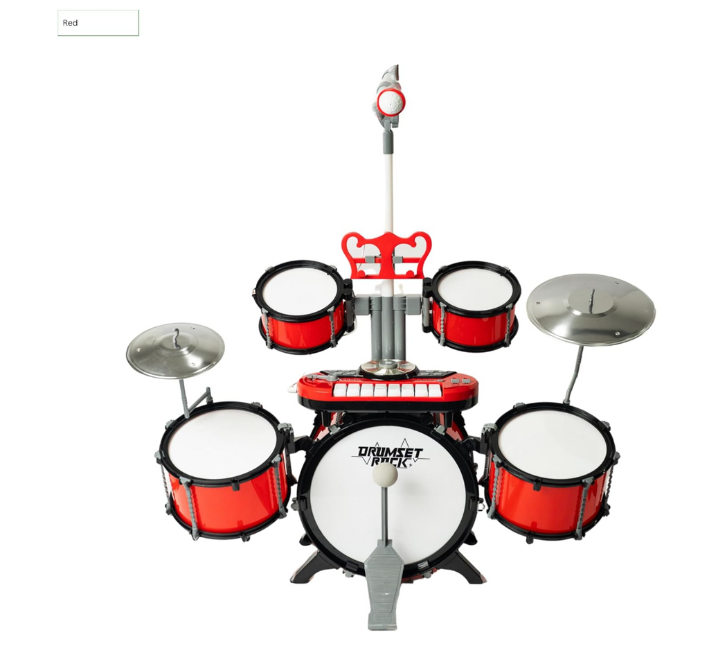 Red Dynamo drum set with five drums, cymbals, keyboard, microphone and pedal