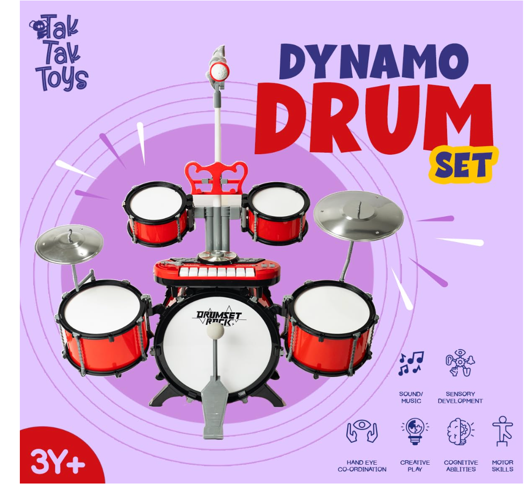 Tak Tak Toys Dynamo Drum Set promotional image marked ages 3+