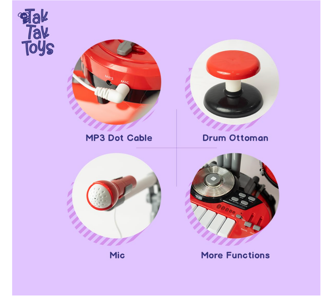 Dynamo Drum Set feature close-ups showing microphone, stool, MP3 connection and controls