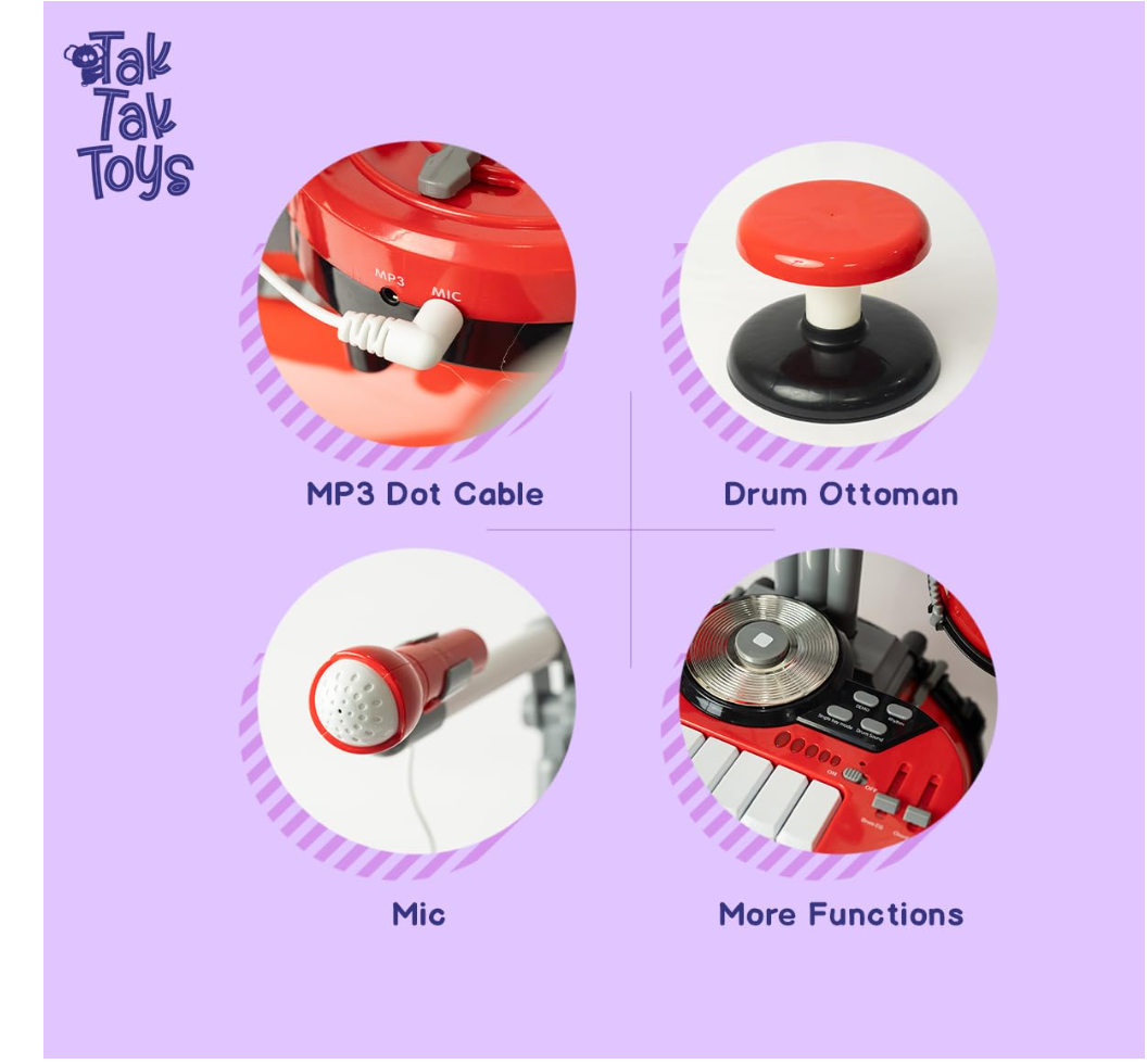 Dynamo Drum Set feature close-ups showing microphone, stool, MP3 connection and controls