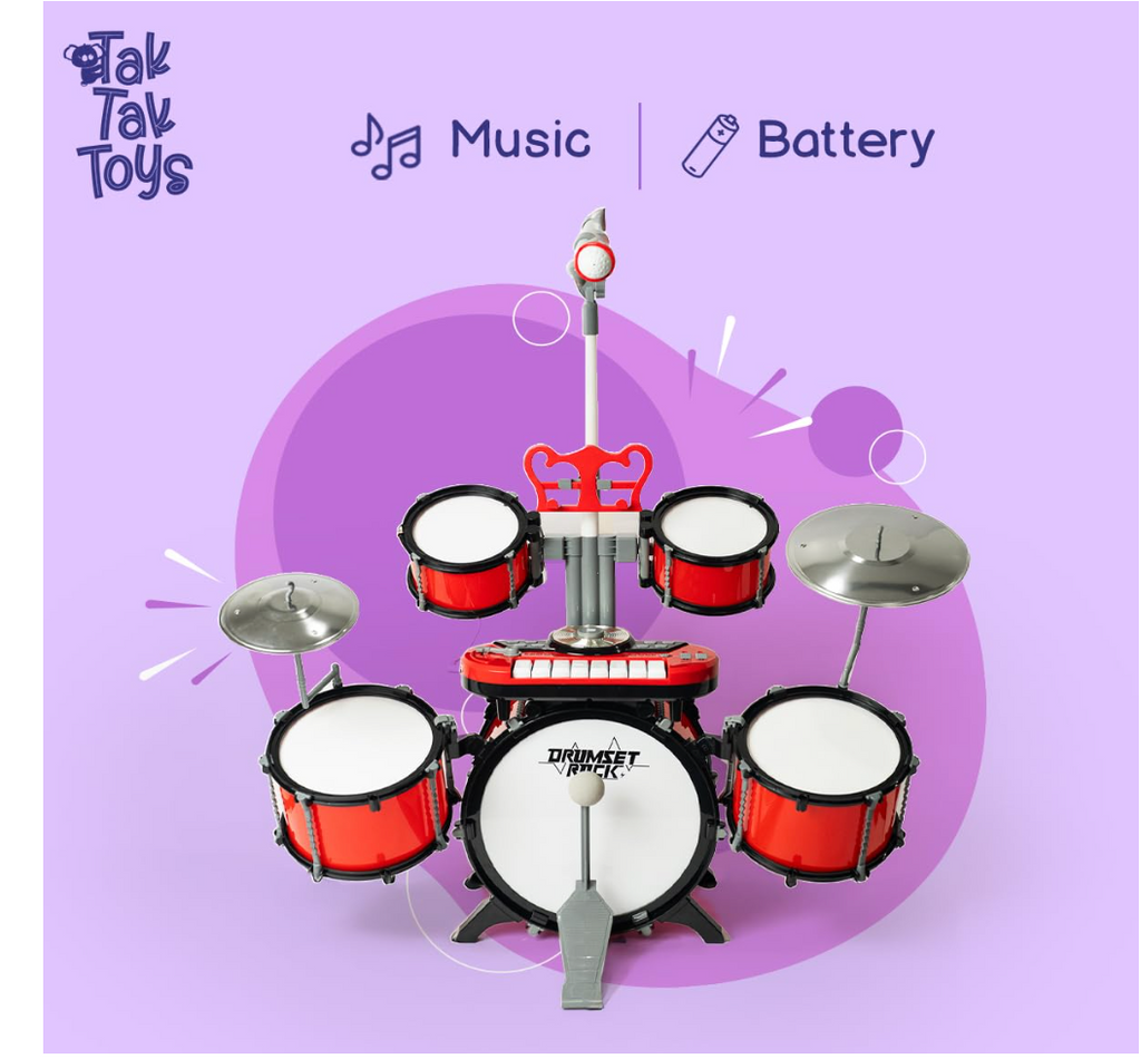 Dynamo Drum Set promotional image indicating music and battery operation