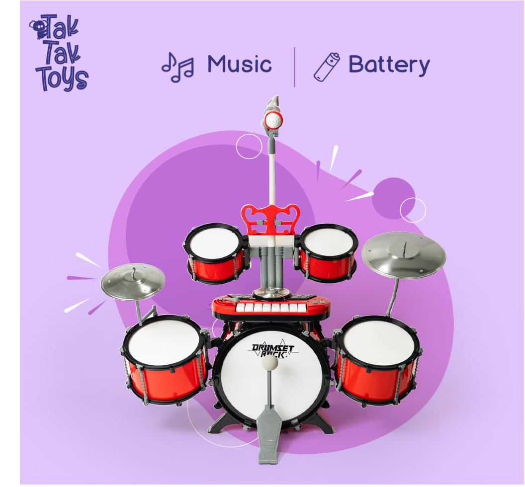 Dynamo Drum Set promotional image indicating music and battery operation