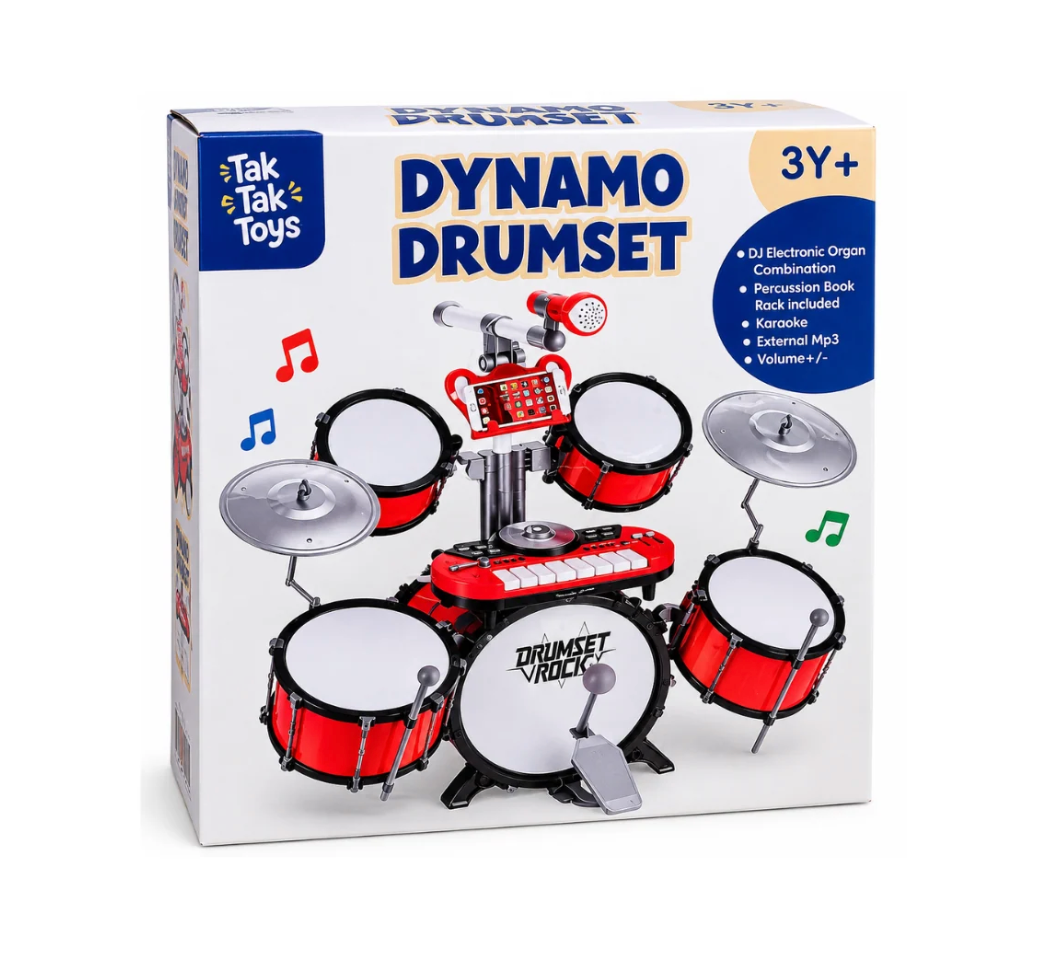 Tak Tak Toys Dynamo Drumset retail box with age 3+ and listed features