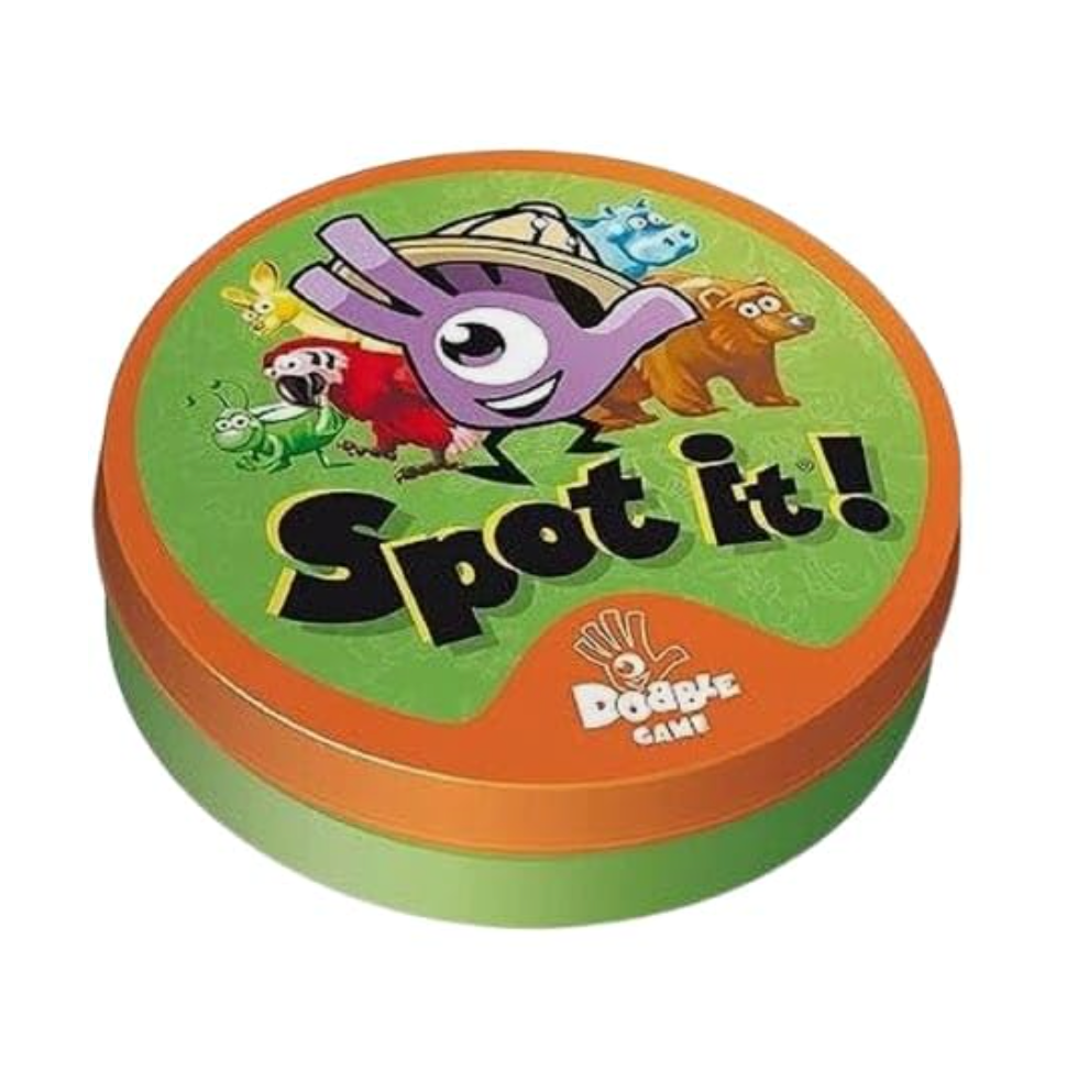 Spot It! animal-themed game in a green and orange round tin