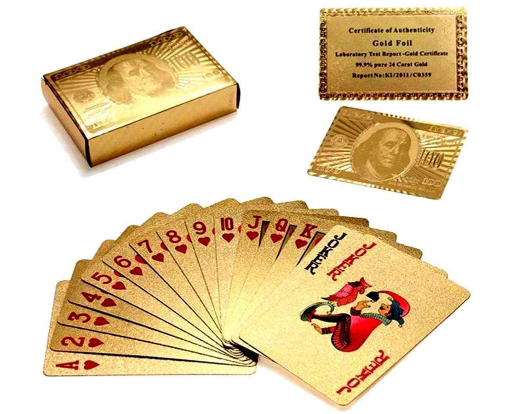 Dollar-design card reverse and joker showing card dimensions of 2.25 by 3.5 inches