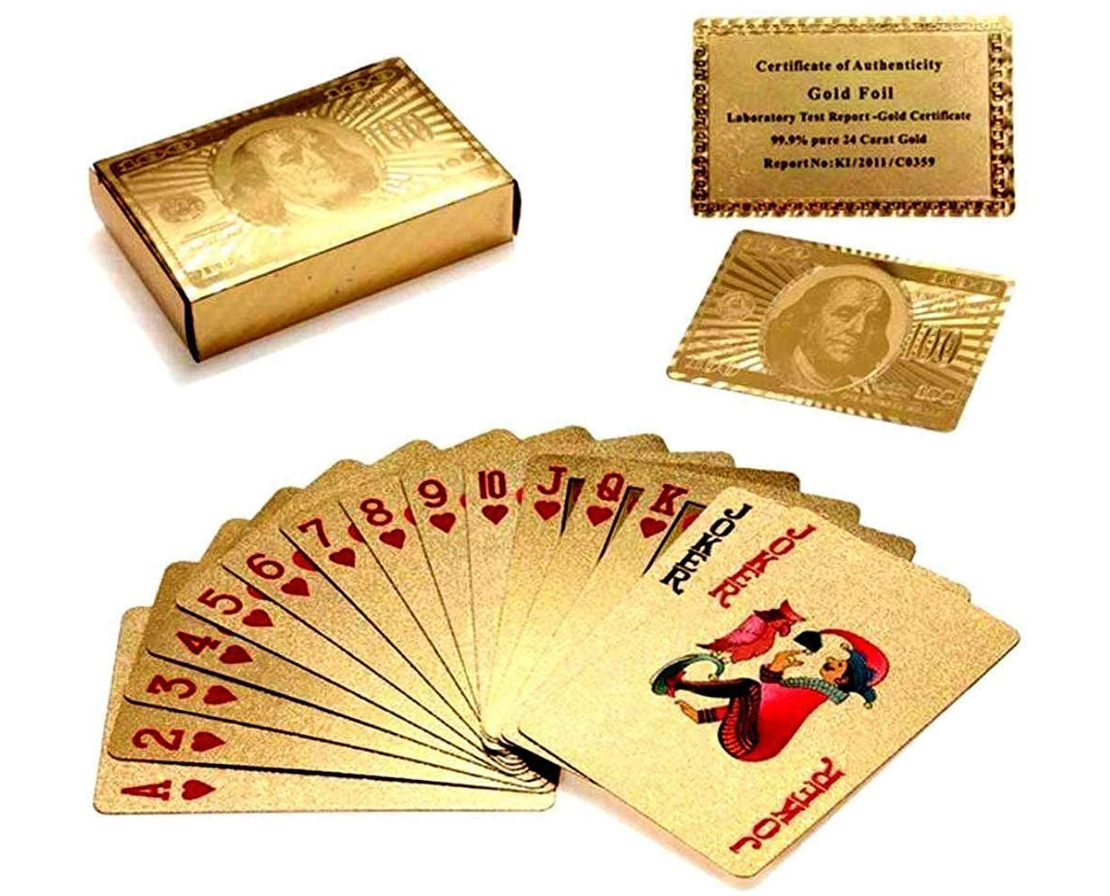 Dollar-design card reverse and joker showing card dimensions of 2.25 by 3.5 inches
