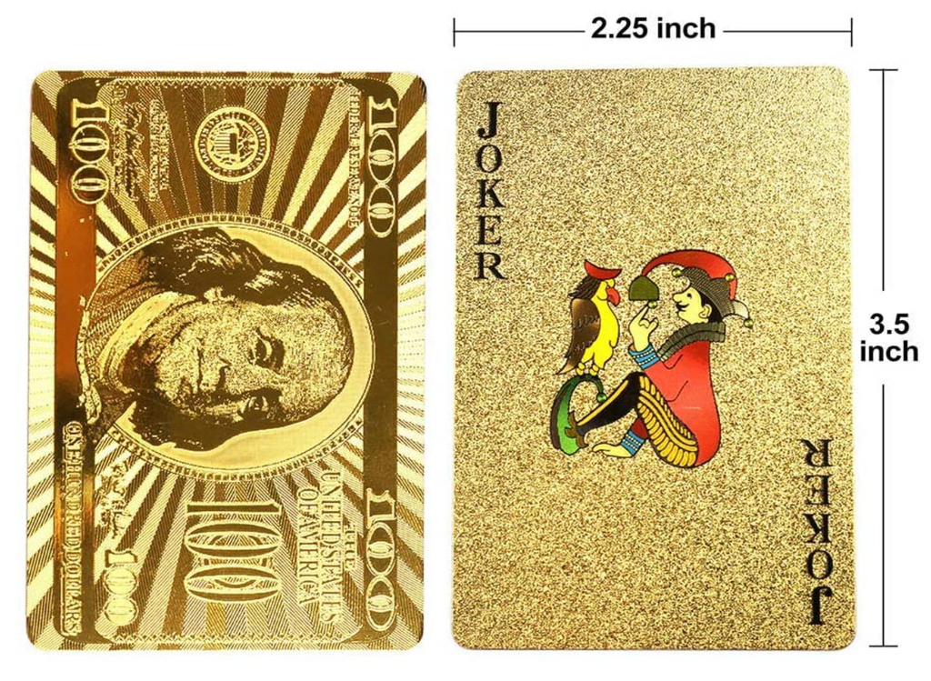 Gold-coloured playing cards fanned out beside their matching dollar-design box