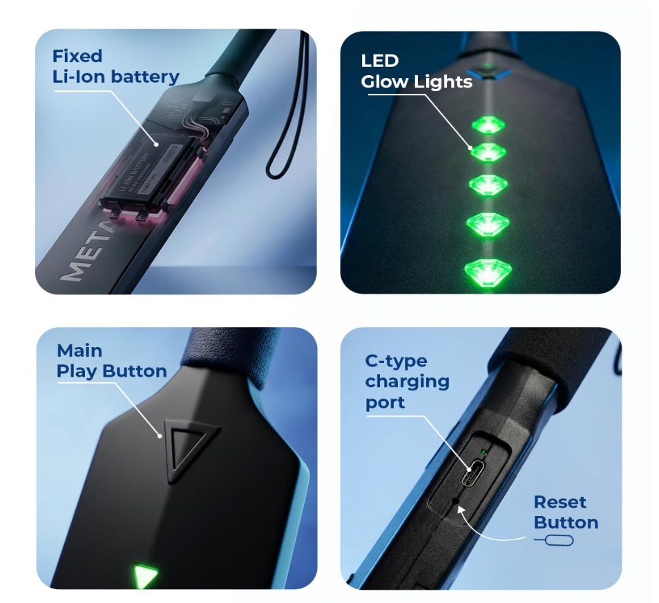 MetaShot battery, green LEDs, play button and USB-C charging port