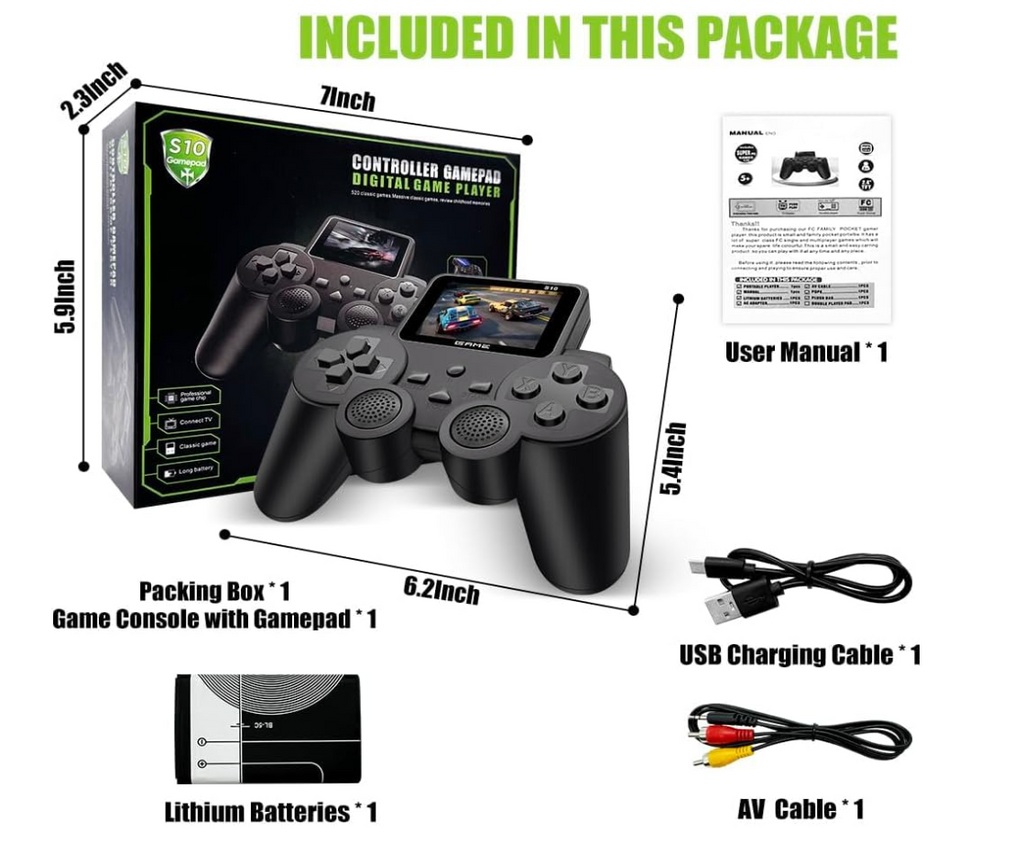 S10 package contents with battery, USB cable, AV cable and manual