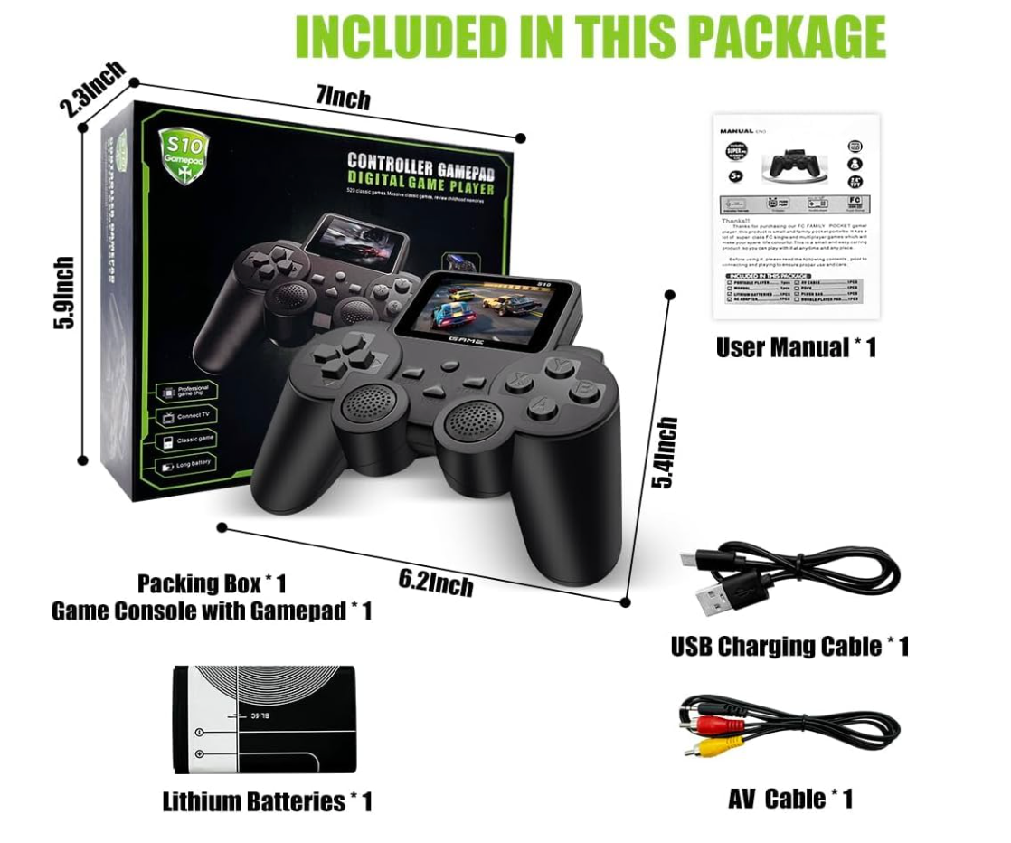 S10 package contents with battery, USB cable, AV cable and manual