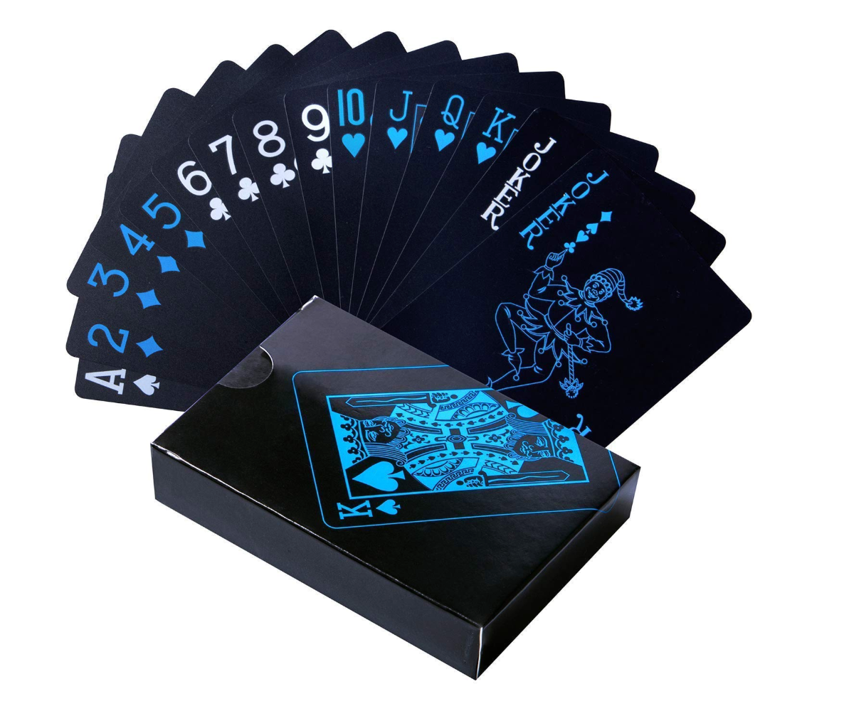 Black playing cards with blue and white markings fanned behind matching box