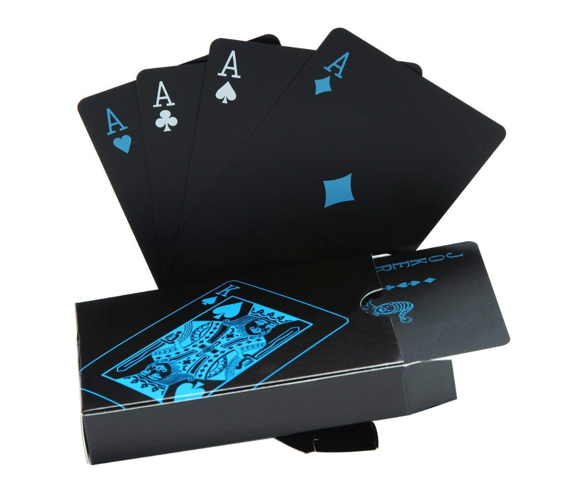 Black card box with blue king design alongside card faces and backs