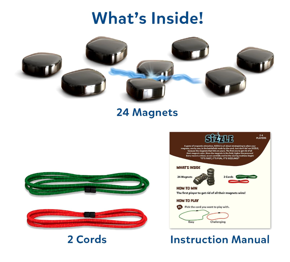 Family playing Sizzle magnetic strategy game with red cord boundary