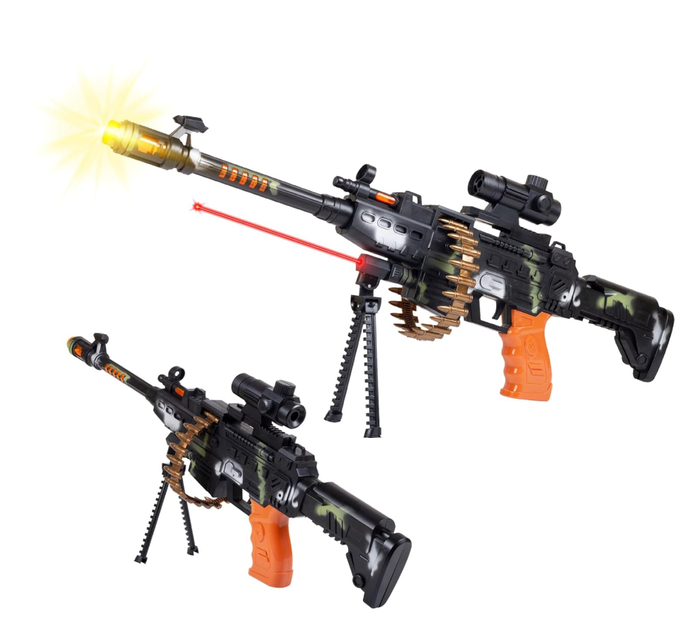 Two views of one black and camouflage toy gun with orange grip and stand