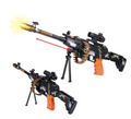 Two views of one black and camouflage toy gun with orange grip and stand