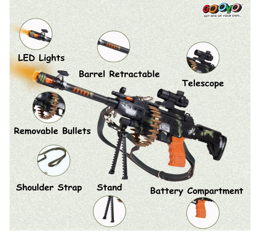 GOOYO toy gun features showing lights, retractable barrel, strap and stand