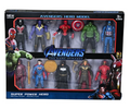 Boxed superhero set showing ten character figures in two rows with shields and toy accessories