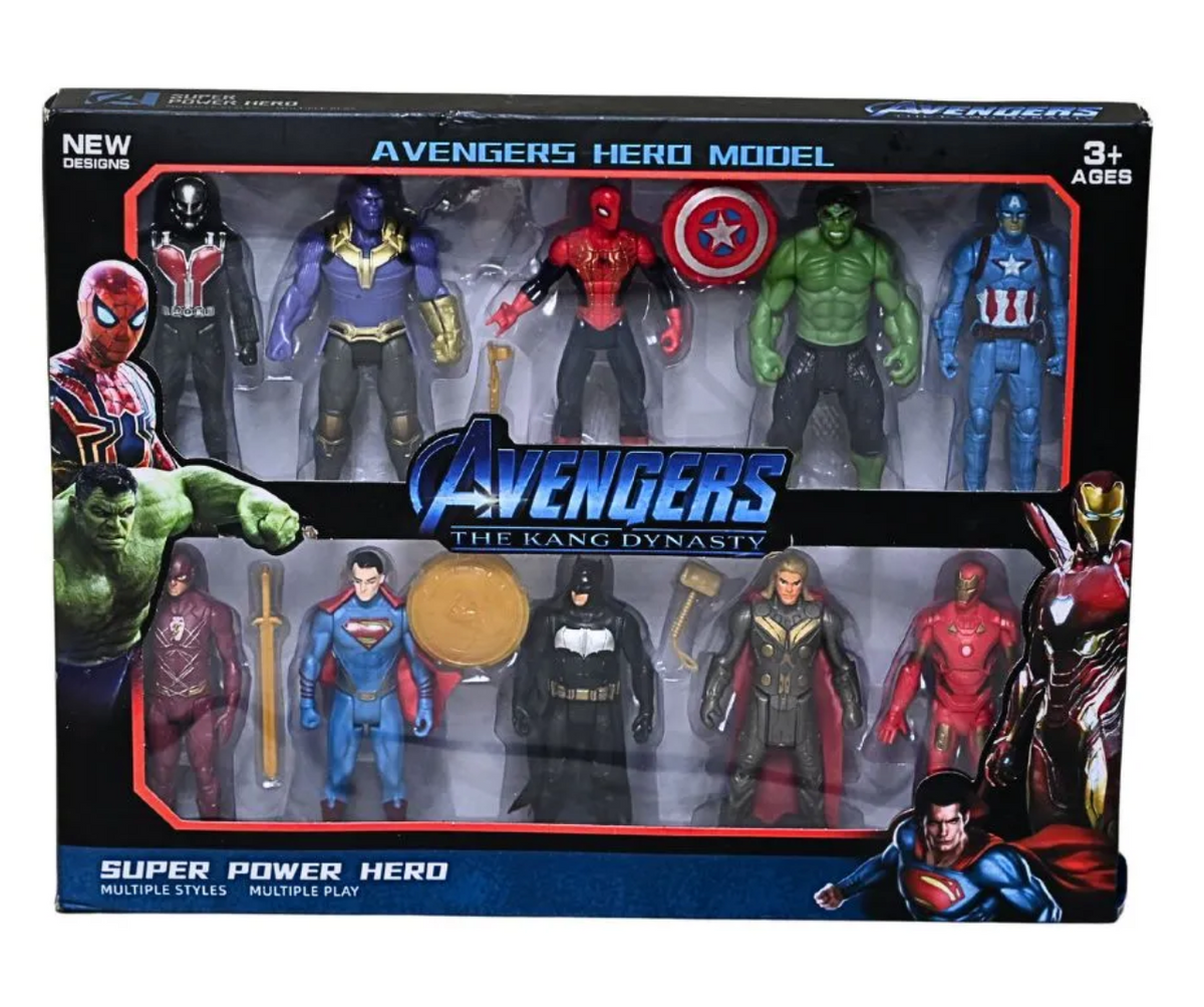 Boxed superhero set showing ten character figures in two rows with shields and toy accessories
