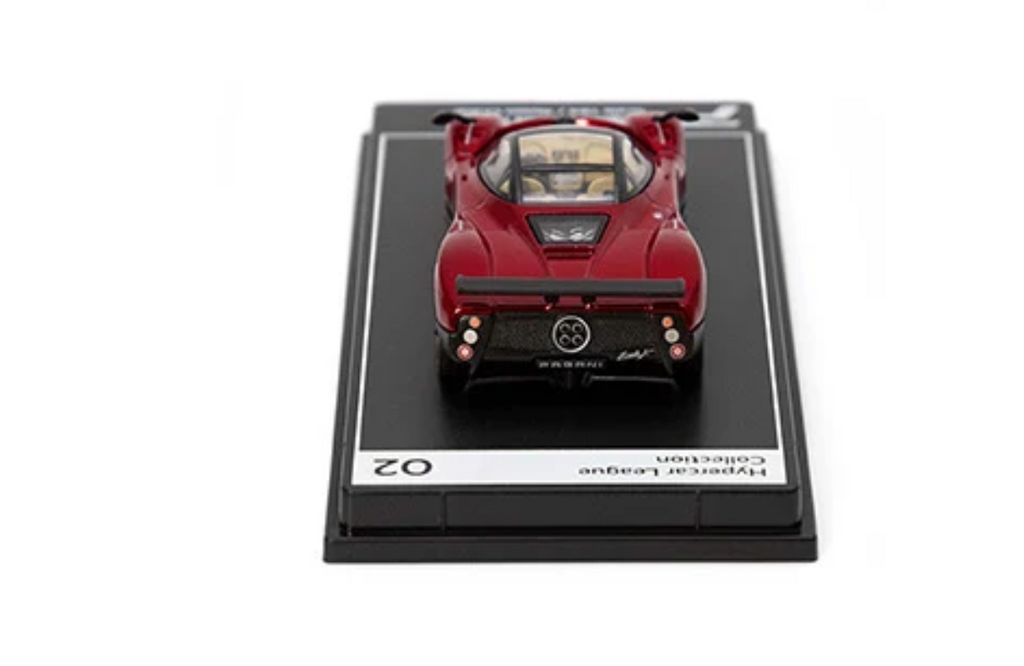 Original photo: rear view of burgundy Pagani model on number 02 display base