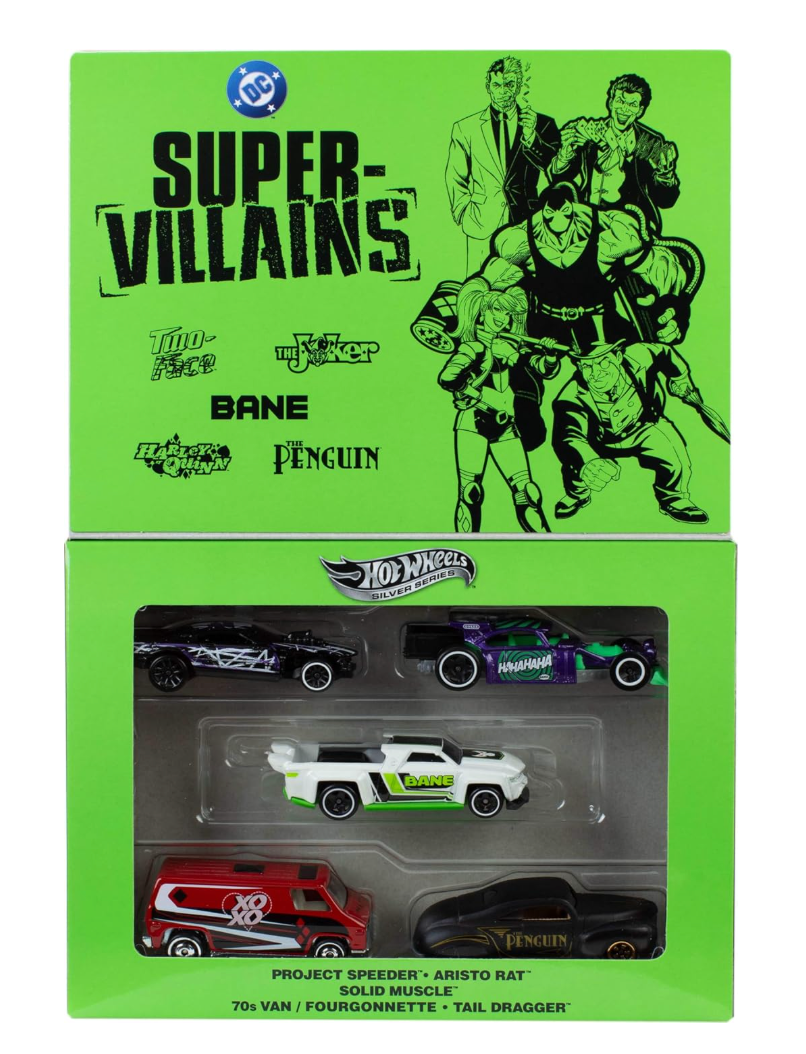 Hot Wheels Silver Series DC Super-Villains open presentation box containing five character-themed vehicles