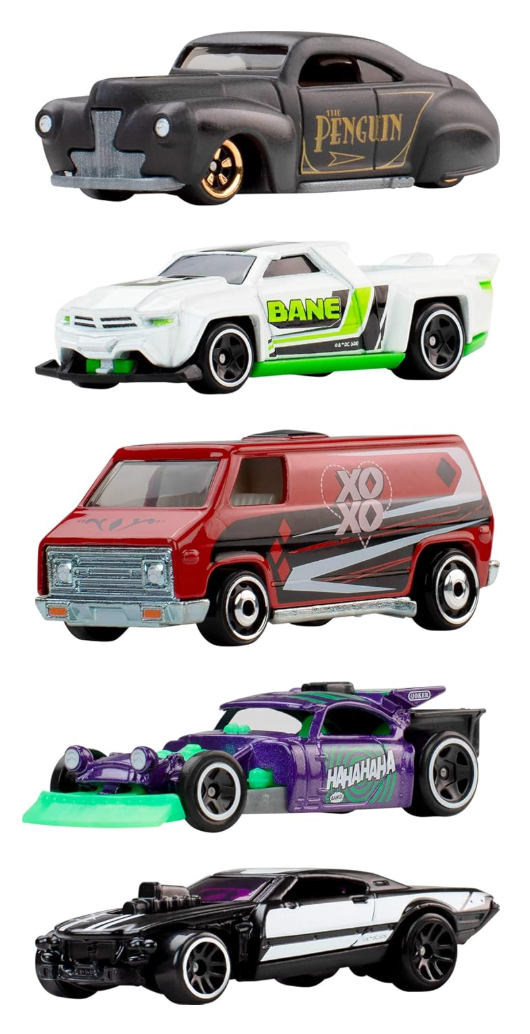 Five Hot Wheels DC Super-Villains vehicles: Penguin, Bane, Harley Quinn, Joker and Two-Face designs