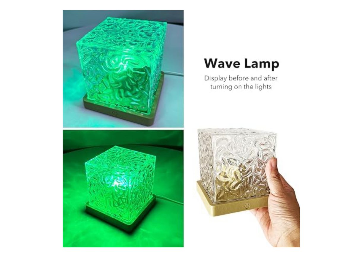 Wave lamp promotional collage showing green lighting and unlit cube