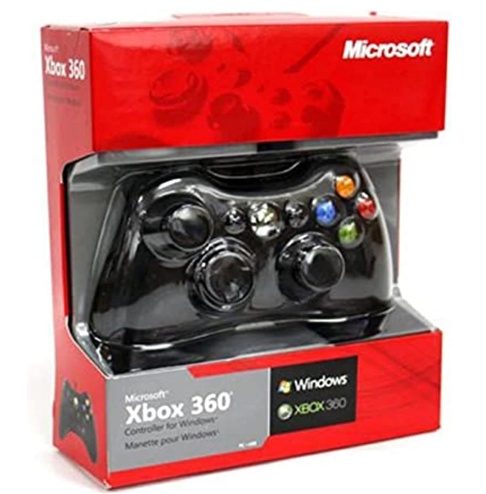 Black controller in red packaging labelled Xbox 360 Controller for Windows