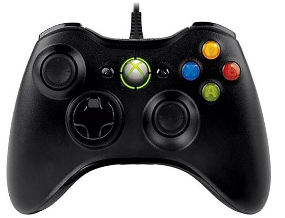Black wired Xbox 360-style game controller with dual thumbsticks directional pad and coloured face buttons