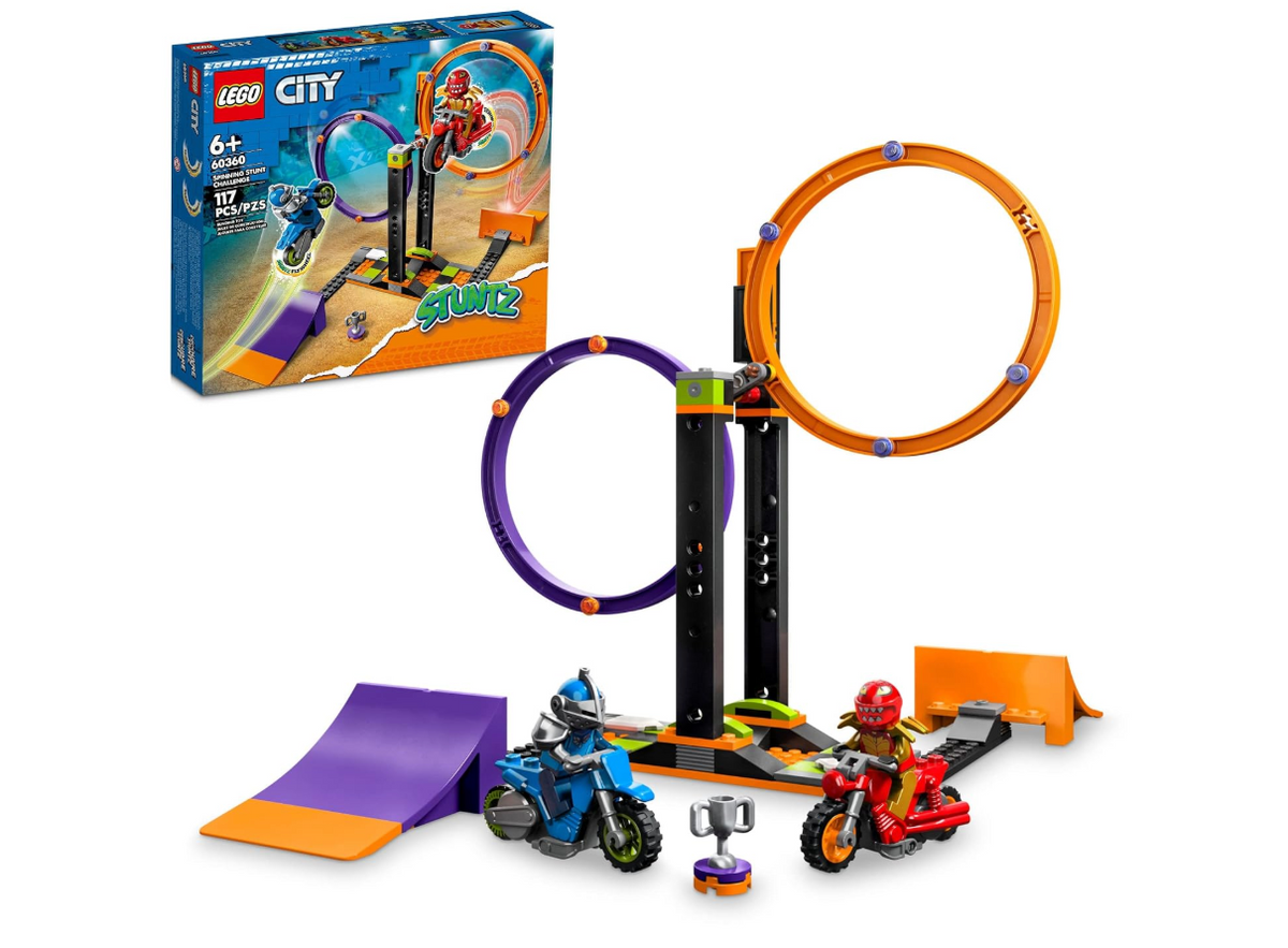 LEGO City 60360 Spinning Stunt Challenge with rings, ramps, two motorcycle riders and retail box