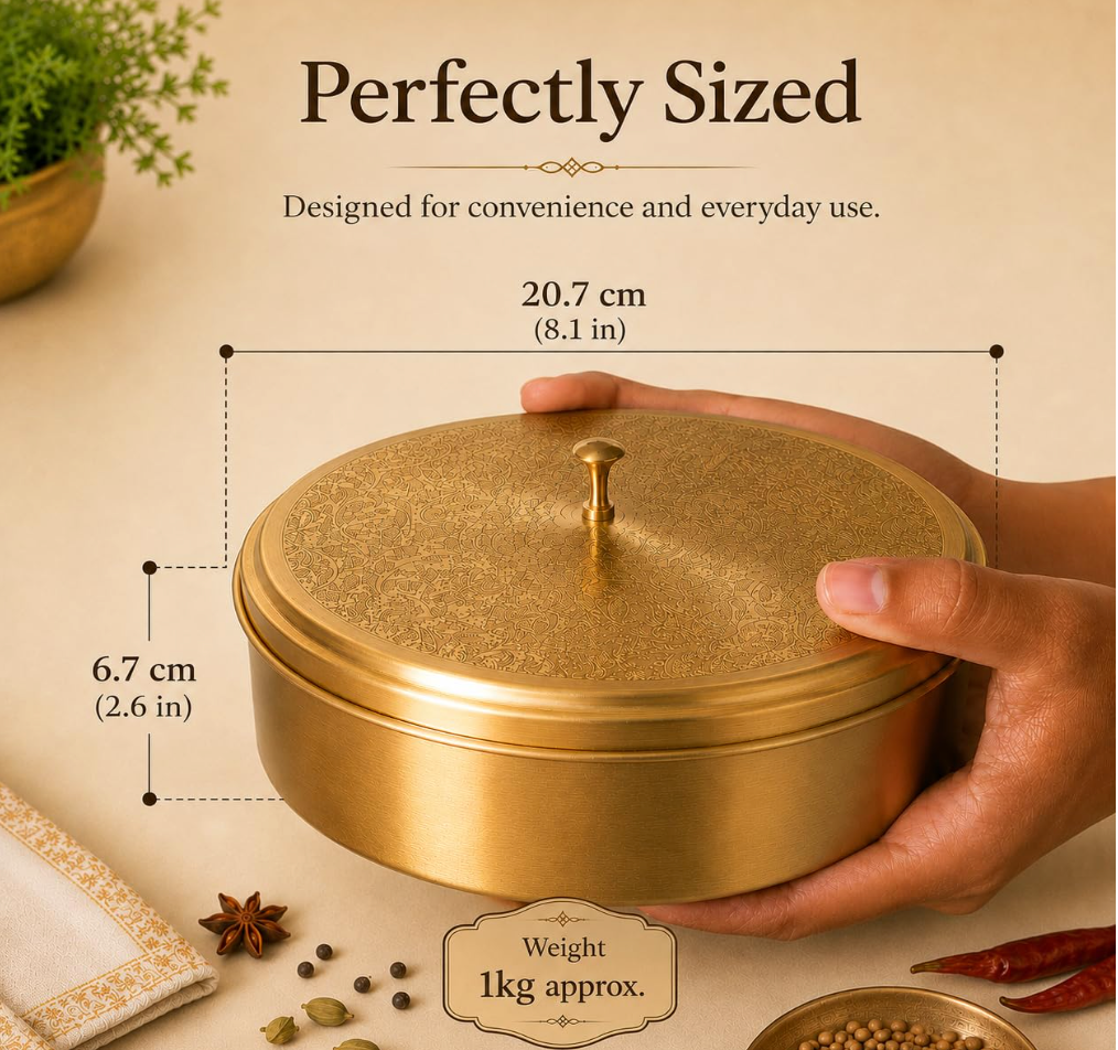 Masala box dimensions: 20.7 cm diameter and 6.7 cm height; approximate weight 1 kg.