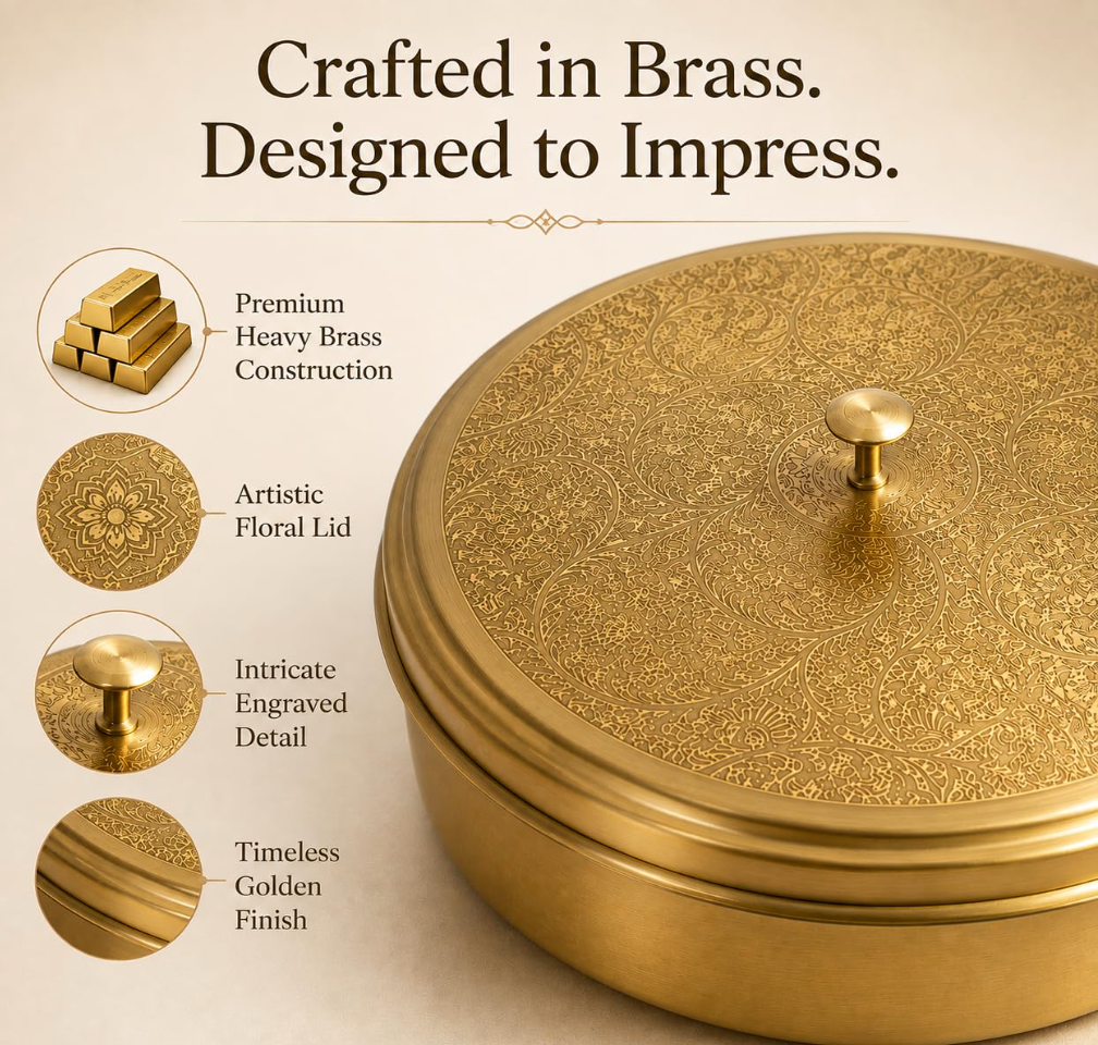 Engraved brass masala box with seven bowls, lid and spoon; spices not included.