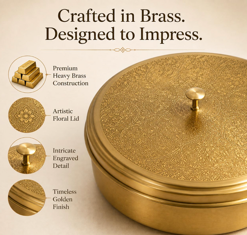 Engraved brass masala box with seven bowls, lid and spoon; spices not included.