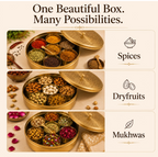 Seven-bowl spice organiser with engraved lid; avoid storing salt.