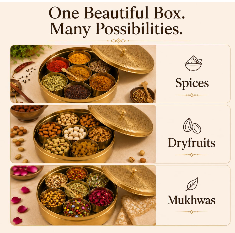 Seven-bowl spice organiser with engraved lid; avoid storing salt.