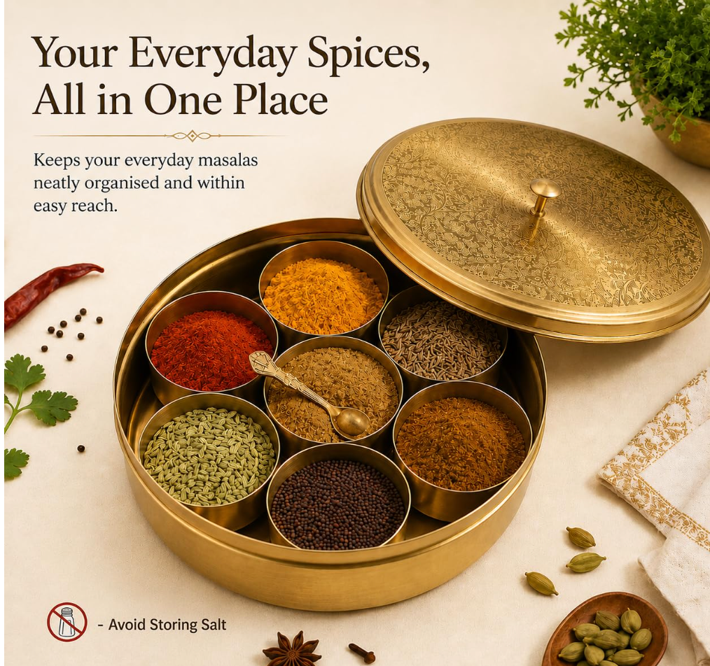 Supplied cleaning and care instructions for brass masala box.