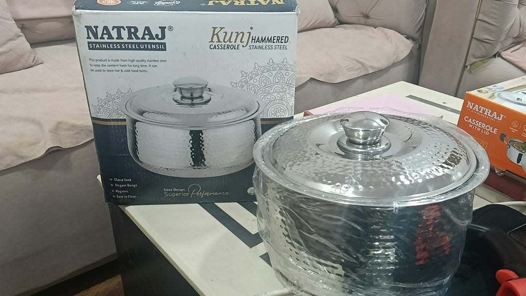 Original photograph of Natraj Kunj hammered silver stainless steel casserole with lid and retail box