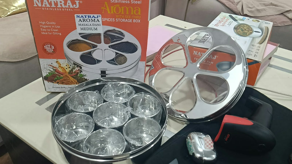 Original Natraj Aroma medium stainless steel masala dani with seven cups, windowed lid and box