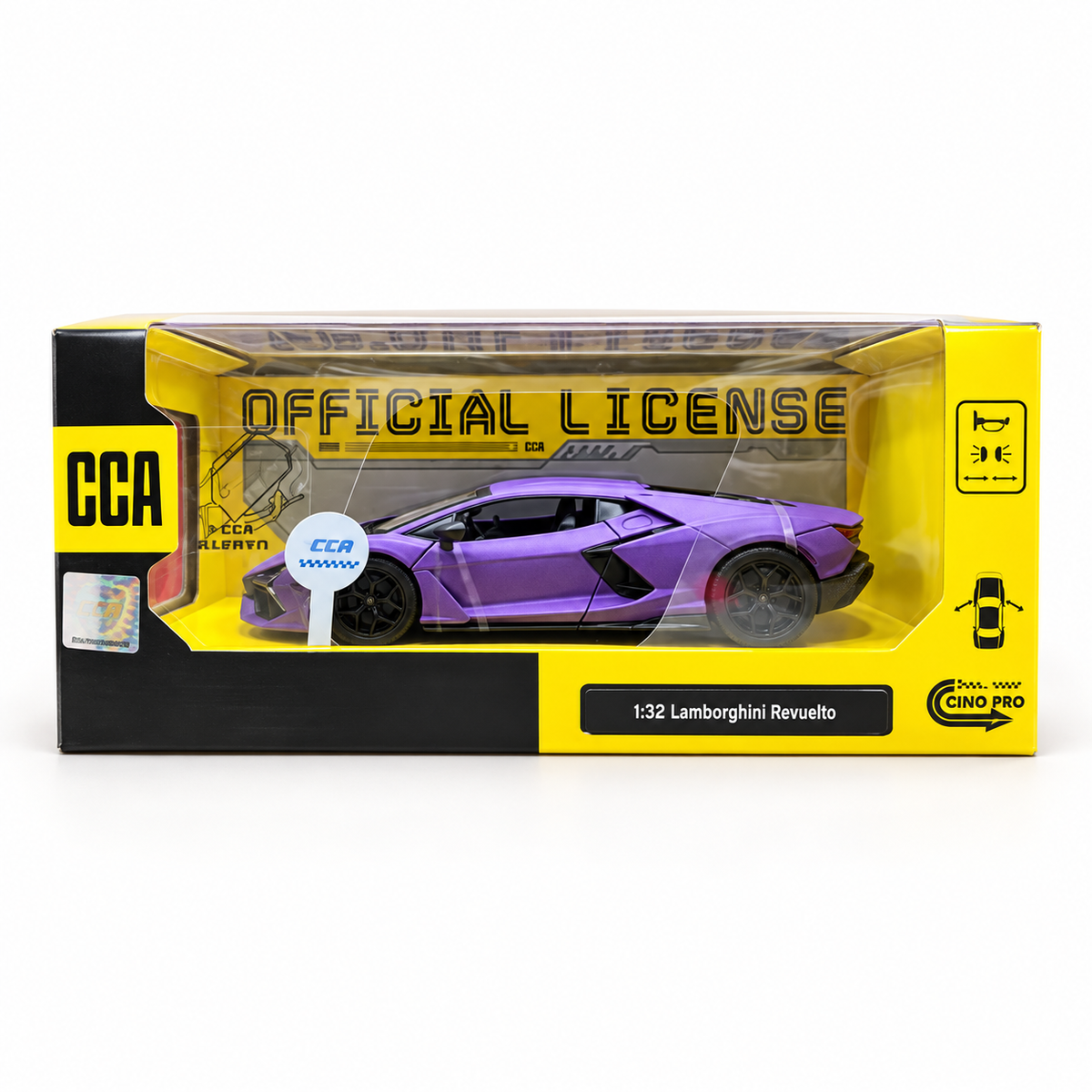 Purple CCA Lamborghini Revuelto 1:32 model car in its retail display box