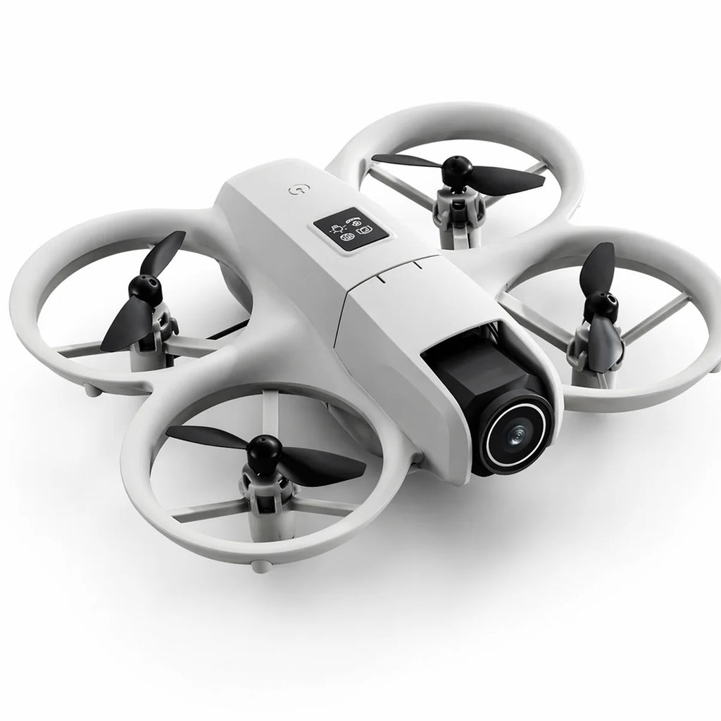 Grey quadcopter with front camera and circular propeller guards