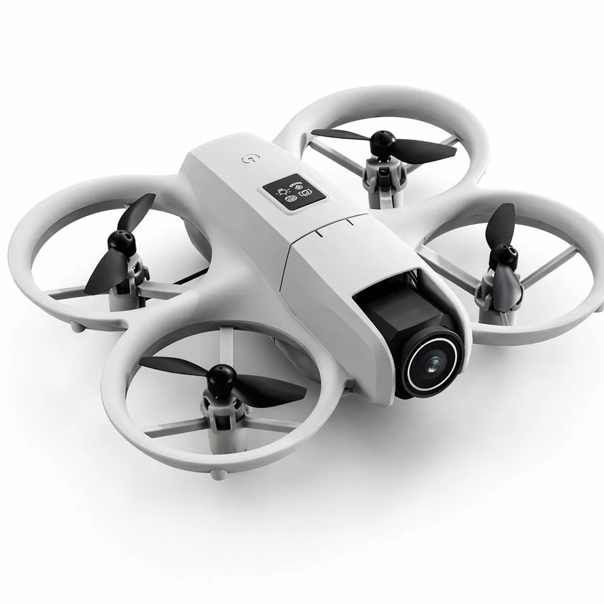 Grey quadcopter with front camera and circular propeller guards