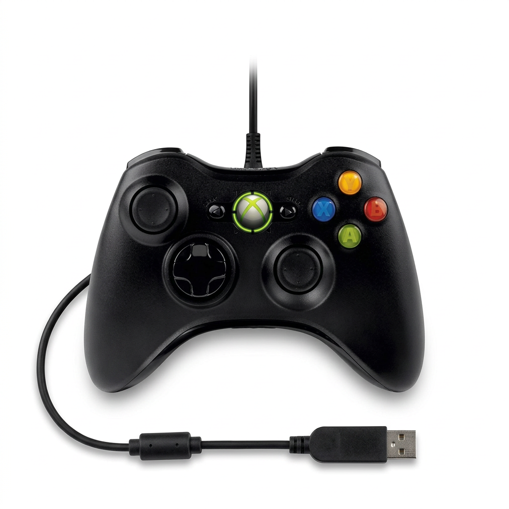 AI illustration: black wired Xbox 360-style controller studio view