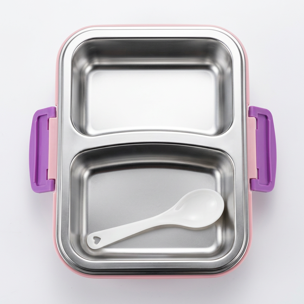 Kids lunch box open view steel compartments and spoon