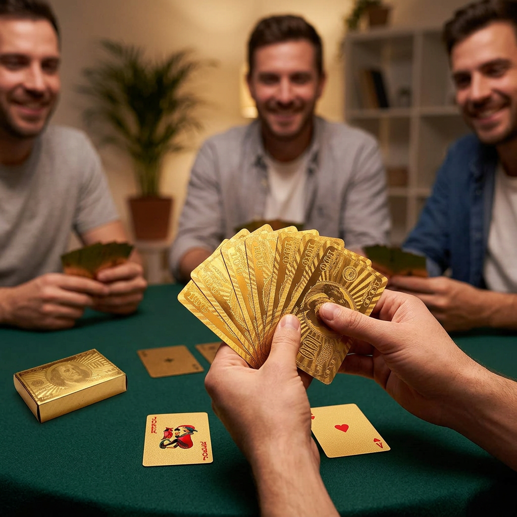 AI-generated lifestyle illustration of friends playing with gold-coloured cards