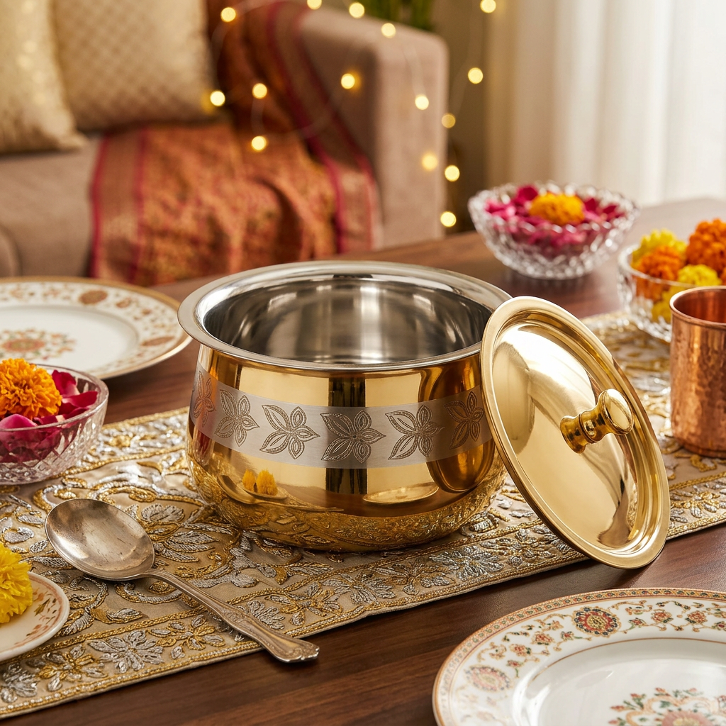 AI-generated festive hosting illustration of floral gold and silver handi