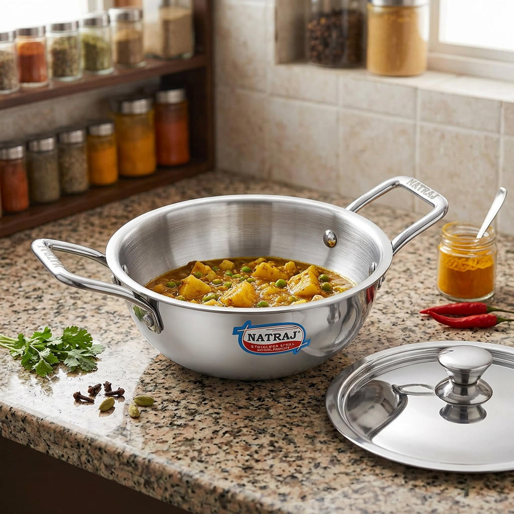 AI illustration: kadai in everyday kitchen scene, food and props excluded