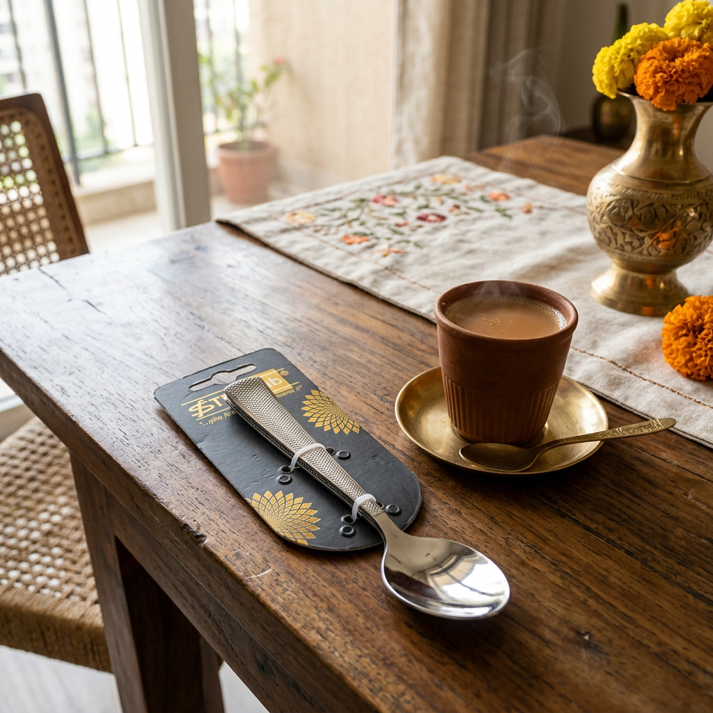 SteelFab spoon in packaging on wooden dining table with chai