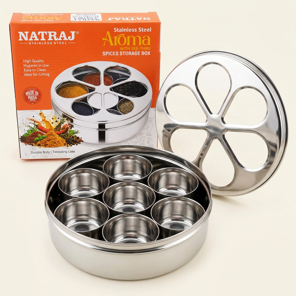 AI-generated studio illustration of Natraj Aroma medium spice box and packaging
