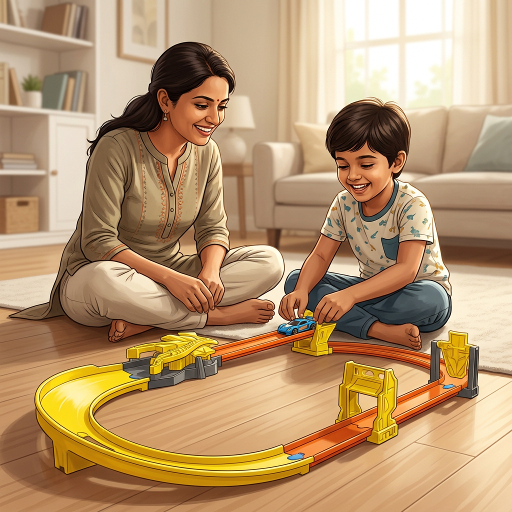 AI-generated illustrative parent-and-child Hot Wheels track play scene